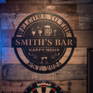 May include: Black metal bar sign with the text "WELCOME TO THE SMITH'S BAR HAPPY HOUR EST. 2023" and drink illustrations. The sign is mounted on a wooden wall. A neon "OPEN" sign is visible on the left.