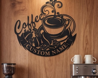 Personalized Coffee Bar Metal Sign, Steaming Cup Wall Art, Kitchen Coffee Corner Decor, Rustic Coffee Beans Art, Home Bar Accent