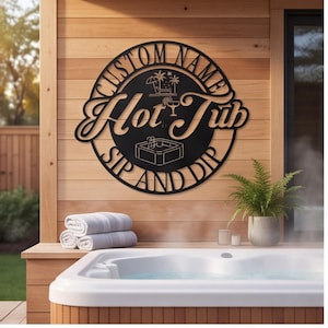 Anpassad metallskylt för bubbelpool, personlig spa-plakett för uteplats, väggdekoration för utomhusdäck, unik konst i resortstil för poolområde i trädgården