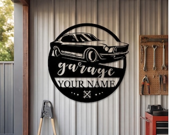 Insegna personalizzata per garage con muscle car, targa personalizzata con nome e indirizzo, decorazione in metallo per officina meccanica, arte per la tana dell'uomo con auto d'epoca, regalo per lui