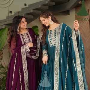 Designer Anarkali Gown with Dupatta – Fox Georgette Embroidered Party Dress, Indian Wedding Outfit, Festive Ethnic Wear, Long Dress