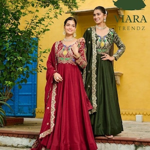 Embroidered Anarkali Gown Dress, Zari Work, Cotton Lined, Full Sleeve