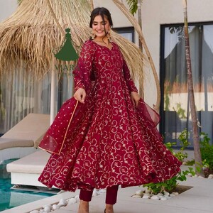 Designer Maroon Anarkali Gown with Heavy Work Dupatta – Faux Georgette Embroidered Party & Wedding Outfit