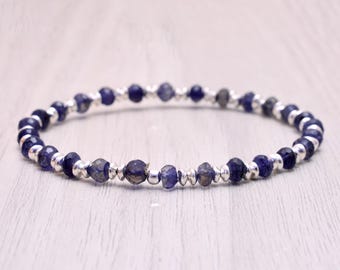 Dainty Iolite Stretch Bracelet, Beaded Shaded Blue Gemstone Elastic Stacking Bracelet, Ultra Delicate Jewelry