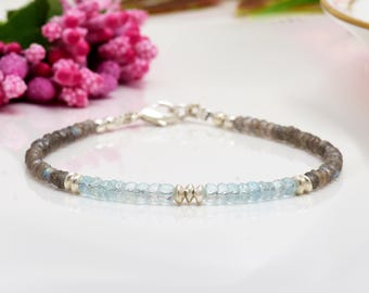 Aquamarine Labradorite Bracelet: Dainty Gemstone Layering Jewelry