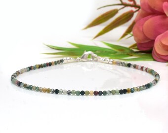 Dainty Moss Agate Beaded Bracelet: Minimalist Crystal Healing, Boho Style