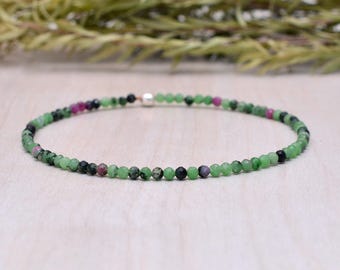 Ruby Zoisite Stretch Bracelet, Delicate Beaded Natural Gemstone Jewelry, Genuine Tiny Faceted Gemstones