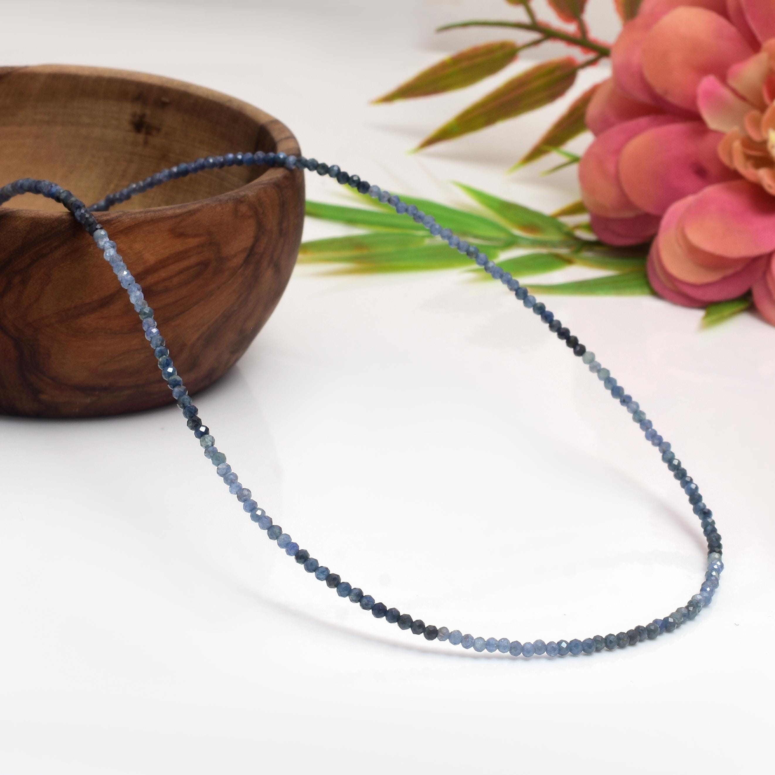 Collier Ras Du Cou Saphir Bleu Synthétique - Argent Plaqué Or Rose, Pierre Ronde, Longueur 13 Pouces, Neuf