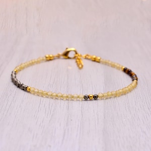 Könnte beinhalten: Zartes Armband mit kleinen, runden, gelbgoldenen Perlen und dunkleren, metallischen Perlen. Das Armband hat einen goldfarbenen Verschluss und Akzente. Das Design integriert eine Mischung aus Farben und Texturen und schafft ein raffiniertes Accessoire.