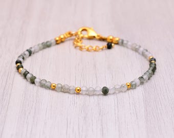 Delicate Moss Agate Bracelet: 2mm Beaded Green Gemstone Jewelry