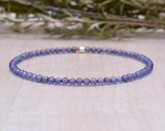 Dainty Iolite Stretch Bracelet, Beaded Shaded Blue Gemstone Elastic Stacking Bracelet, Ultra Delicate Jewelry