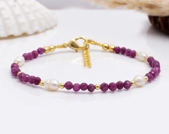 Dainty Ruby & Pearl Bracelet: Boho Chic July Birthstone Jewelry