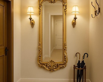 Ornate Gold Full Length Mirror, Vintage Baroque Wall Decor, Rococo Style Entryway Living Room Accent, Elegant Hallway Decor, Wall Mirror