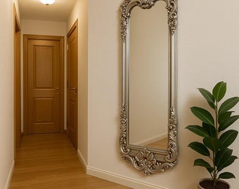 Ornate Silver Full Length Mirror, Vintage Baroque Wall Decor, Rococo Style Entryway Living Room Accent, Elegant Hallway Decor, Wall Mirror
