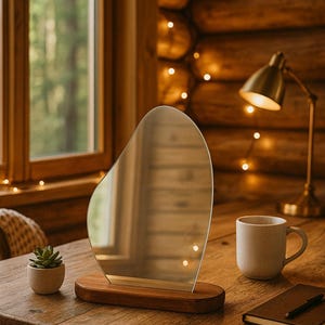 May include: A contemporary, organically shaped mirror on a wooden base. A small succulent, a mug, a notebook, and a brass desk lamp are on the wooden table. The background shows a window and a log cabin wall, with fairy lights.