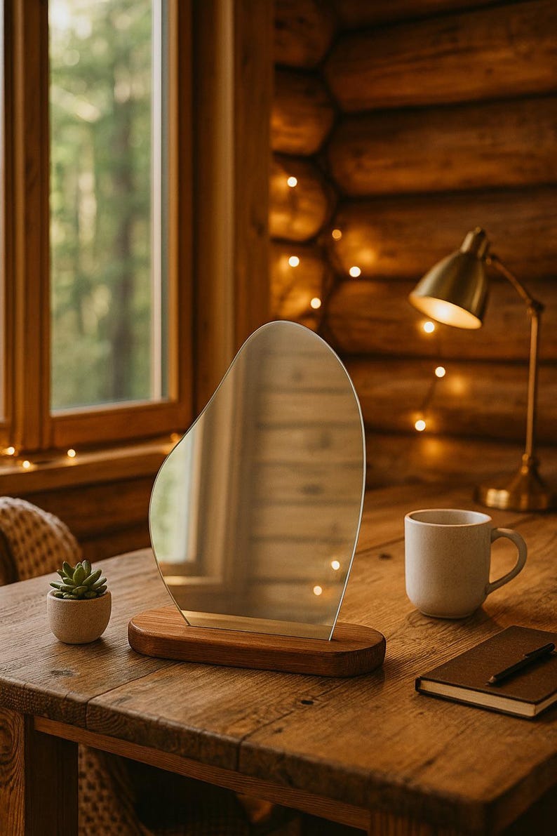 May include: A contemporary, organically shaped mirror on a wooden base. A small succulent, a mug, a notebook, and a brass desk lamp are on the wooden table. The background shows a window and a log cabin wall, with fairy lights.