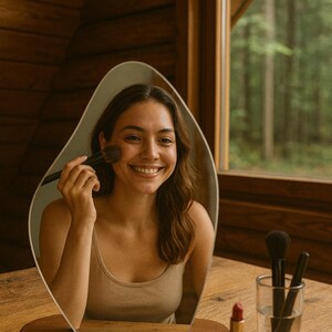May include: A woman applying makeup in front of a mirror. The mirror is on a wooden base, and the woman is holding a makeup brush. Other makeup items, including lipstick and blush, are on the table.