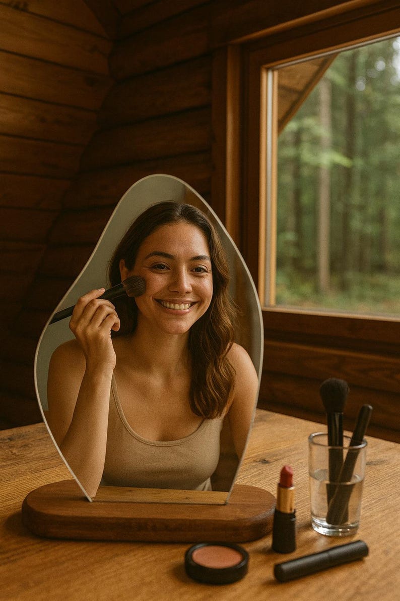 May include: A woman applying makeup in front of a mirror. The mirror is on a wooden base, and the woman is holding a makeup brush. Other makeup items, including lipstick and blush, are on the table.