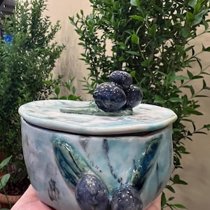 May include: A ceramic trinket box with a lid, featuring a blue and white color scheme. The box has a textured surface with dark blue accents and a cluster of dark blue spheres on the lid. The box is held in a person's hand.