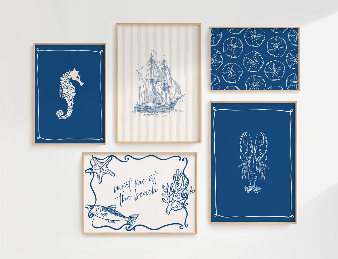 Coastal Blue Wall Art Bundle of 6 Summer Beach Theme Art Sea Shell ...