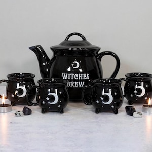 Witches Brew Teapot & Cauldron Mug Set – Black Ceramic Halloween Gift, Witchy Kitchen Decor, Crescent Moon and Stars