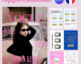 Puede incluir: Una portada de revista con la palabra "VOGUE" en letras rosas grandes. La portada presenta a una mujer con gafas de sol y un top negro. La revista se titula "Magazine à personaliser" e incluye el logotipo de Canva y la bandera francesa.