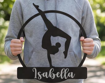 Decoración de pared personalizada para gimnastas, decoración metálica personalizada para atletas, regalo único con silueta para ella, letrero de pared deportivo estético