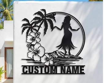 Letrero metálico personalizado de bailarina de hula, decoración de pared tropical hawaiana, arte con nombre personalizado para dormitorio, silueta de flor exótica, regalo único