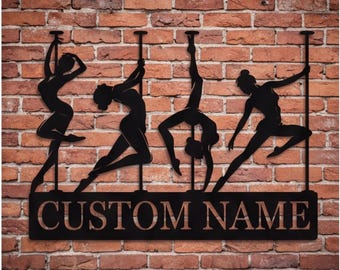 Letrero metálico personalizado para pole dance, decoración personalizada con silueta de bailarina, elegante arte de pared para estudio de fitness, regalo moderno de arte de pared en metal