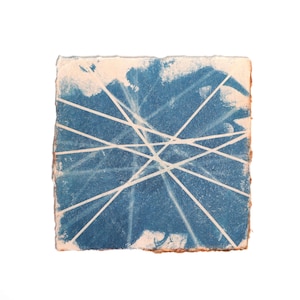 Interseções — Fotograma cianotípico original, obra de arte artesanal em impressão solar sobre papel de algodão, peça única de arte de parede azul, 20 x 20 cm