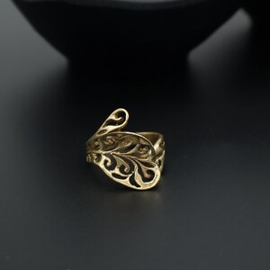 Handmade Brass Leaf Ring: Adjustable Boho Filigree Jewelry