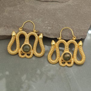 Gold Snake Hoop Earrings: Gemstone Tribal Boho Jewelry