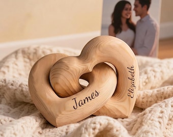 Personalized Infinity Heart Wooden Sculpture, Romantic Couple Keepsake, Anniversary Wedding Gift
