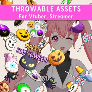 Objetos arremessáveis de Halloween para Vtubers | Decoração Kawaii para transmissões ao vivo | Sistema de arremesso integrado ao Twitch