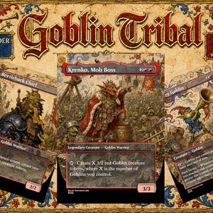 May include: A Goblin Tribal Commander Deck box set featuring 100 cards with tokens. The packaging displays three Magic: The Gathering cards: Beetleback Chief, Krenko, Mob Boss, and a Goblin creature card, all set against a decorative ornate border.