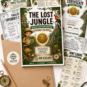 May include: A printable escape room adventure kit titled The Lost Jungle, featuring a central game board with a golden sunstone, an explorer, a treasure chest, and a parrot. The set includes challenge cards, a victory certificate, and hint cards.