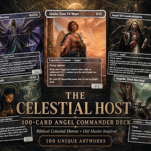 May include: A collection of five Magic: The Gathering trading cards titled The Celestial Host 100-Card Angel Commander Deck. The cards feature dark, detailed fantasy illustrations of angels, including Giada, Font Of Hope, and Angel Of Destiny.