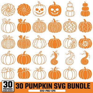 May include: A digital collection of 30 orange pumpkin illustrations featuring various patterns, textures, and shapes, including jack-o'-lanterns, floral motifs, and stacked designs, with the text 30 PUMPKIN SVG BUNDLE SVG PNG EPS at the bottom.