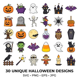 Puede incluir: Una colección de 30 iconos coloridos con temática de Halloween que incluyen calabazas, fantasmas, una bruja, un esqueleto, un gato negro, un castillo, murciélagos, una lápida con el texto R.I.P., una telaraña, una poción y una vela.
