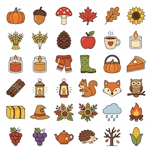 May include: A collection of thirty-six colorful icons featuring autumn-themed imagery including a pumpkin, acorn, mushroom, maple leaf, oak leaf, sunflower, wheat, pinecone, apple, coffee mug, candle, scarf, boot, pie slice, cinnamon, lantern, squirrel, fox, owl, hay, hat, bouquet, rain cloud, campfire, grapes, teapot, hedgehog, bare tree, and corn.