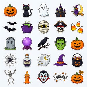 Pode incluir: Uma coleção de vinte e cinco adesivos com tema de Halloween, incluindo uma abóbora, gato preto, fantasma, castelo assombrado, bruxa, morcegos, caldeirão, múmia, caveira pirata, doces, lápide, bola de cristal, corvo, Frankenstein, teia de aranha, frasco de veneno, lua, chapéu de bruxa, balde de doces, esqueleto, vela, vampiro e o texto Halloween.