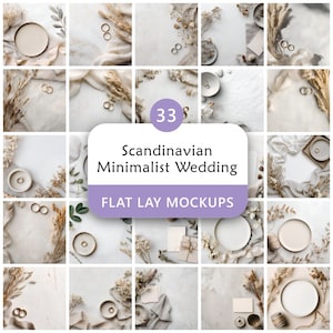 Könnte beinhalten: Eine Sammlung von 33 Flat-Lay-Mockups mit einem skandinavischen minimalistischen Hochzeitsthema. Die Bilder zeigen Ringe, Teller, Trockenblumen, Stoff und Schreibwaren. Der Text auf dem Bild lautet "Scandinavian Minimalist Wedding" und "Flat Lay Mockups".