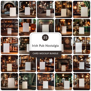 May include: A collection of 35 card mockups with an Irish pub theme. Each mockup features a blank card set against a backdrop of a traditional pub interior, with warm lighting and vintage decor. The text on the image reads "Irish Pub Nostalgia CARD MOCKUP BUNDLE".