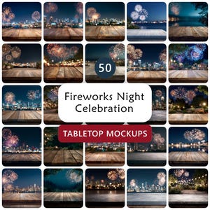 Peut inclure: Une collection de 25 images carrées présentant des maquettes de tables avec des feux d'artifice nocturnes. Les images incluent des surfaces en bois et en pierre avec des feux d'artifice colorés en arrière-plan. Le texte sur les images indique "Fireworks Night Celebration" et "Tabletop Mockups".