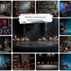 Può includere: Una collezione di dodici sfondi digitali con scene oscure e suggestive a tema magico, tra cui camere in pietra, candele accese, librerie, zucche e simboli mistici, con il testo Witchy Halloween Digital Backdrops.