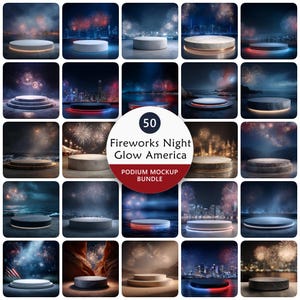 50 Fireworks Night Glow America Podium Backdrop Mockups Background Bundle