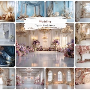 May include: A collection of twelve digital backdrops for weddings featuring various indoor and outdoor scenes with floral arrangements, chandeliers, draped curtains, marble floors, and architectural elements with the text Wedding Digital Backdrops.