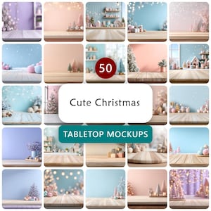 Puede incluir: Una colección de 50 maquetas digitales de mesa con diversas escenas temáticas navideñas, superficies de madera, fondos en tonos pastel, árboles de Navidad en miniatura, cajas de regalo y decoraciones festivas, etiquetadas como Cute Christmas TABLETOP MOCKUPS.