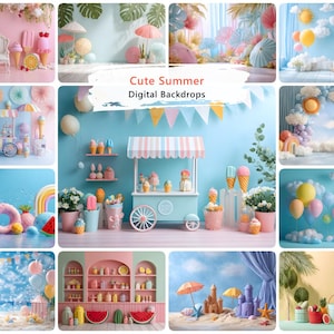 Op de afbeelding: Een verzameling digitale achtergronden met zomerthema's, waaronder ijscokarren, strandscènes, pastelkleurige ballonnen, wolken, zandkastelen en tropische planten. De centrale tekst luidt Cute Summer Digital Backdrops in zwart en oranje.