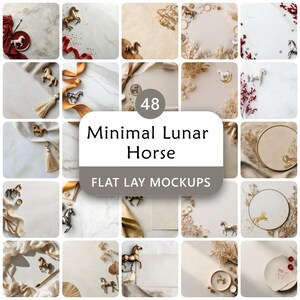 Può includere: Una collezione di 48 mockup flat lay con un tema minimalista del cavallo lunare. Le immagini presentano varie disposizioni di figurine di cavalli, fiori secchi, nastri ed elementi decorativi in tonalità neutre, con il testo "Minimal Lunar Horse" e "Flat Lay Mockups".
